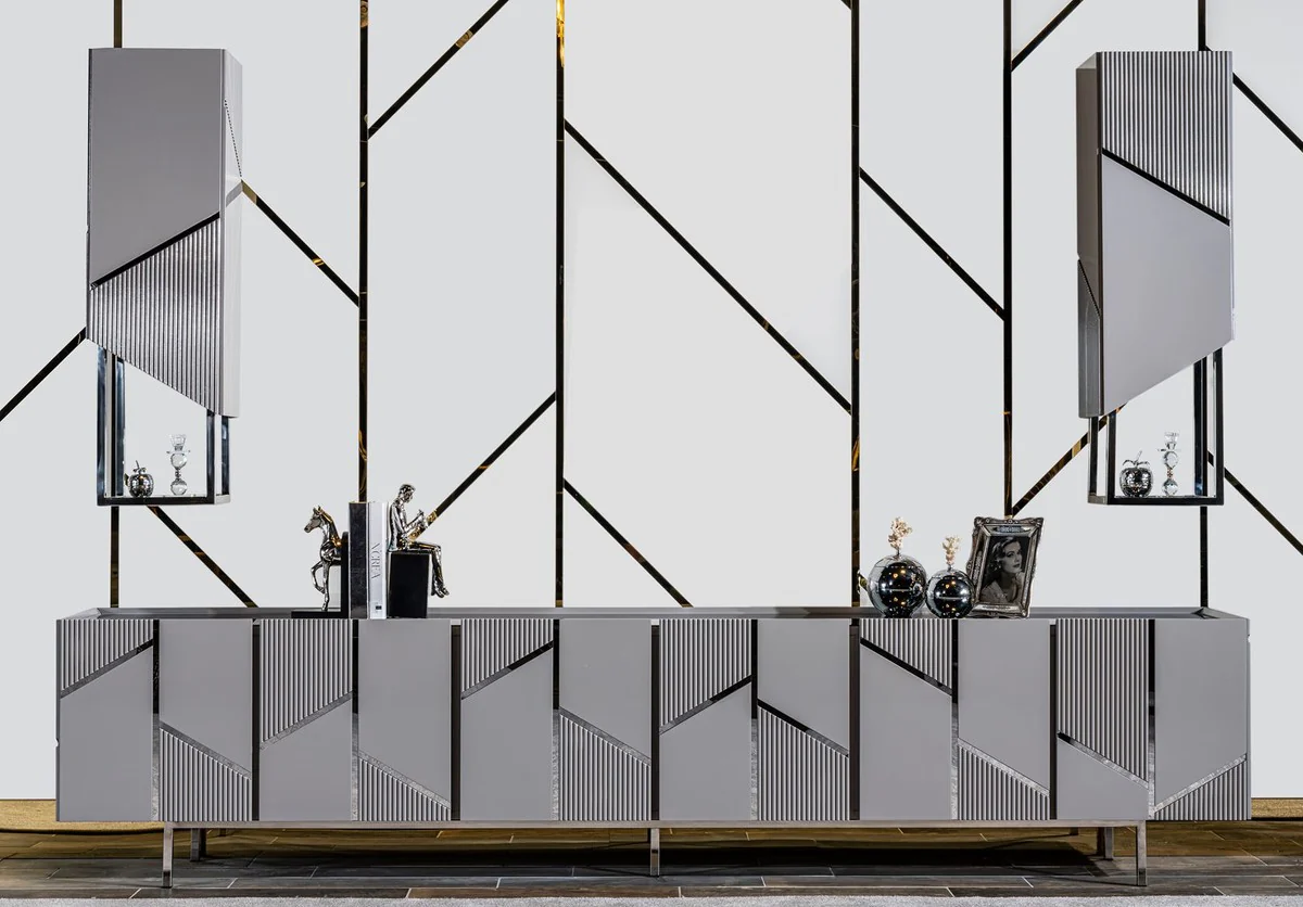 Casa Padrino conjunto de mueble de TV de lujo gris / plata - 1 Armario de TV de Lujo y 2 Armarios de Pared de Lujo - Muebles de sal¨®n - Muebles de TV - Muebles de hotel - Muebles de lujo