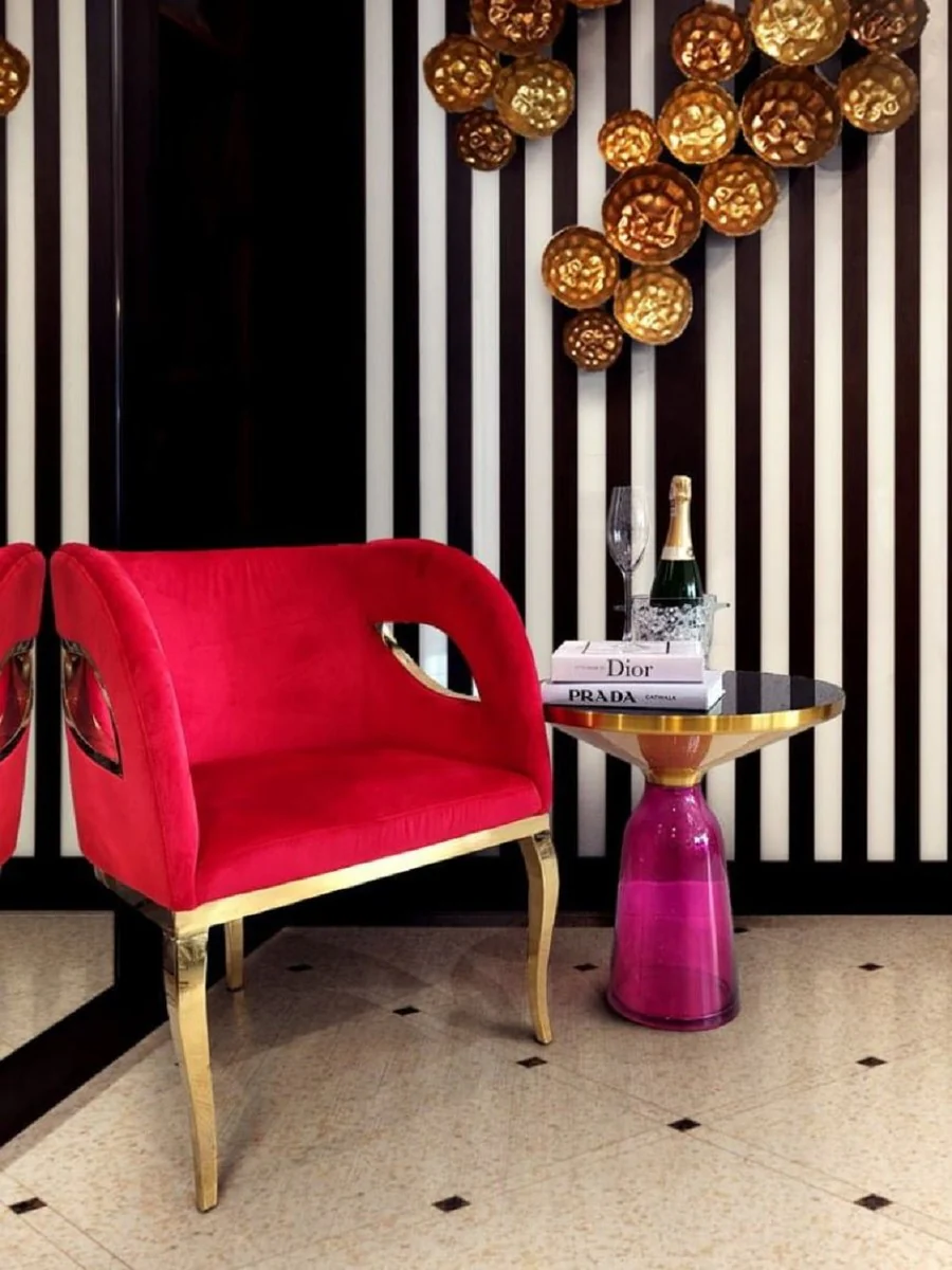 Casa Padrino mesa auxiliar de lujo negro / oro / p¨²rpura ? 50 x A. 53 cm - Mesa redonda de vidrio - Muebles de sal¨®n - Muebles de lujo