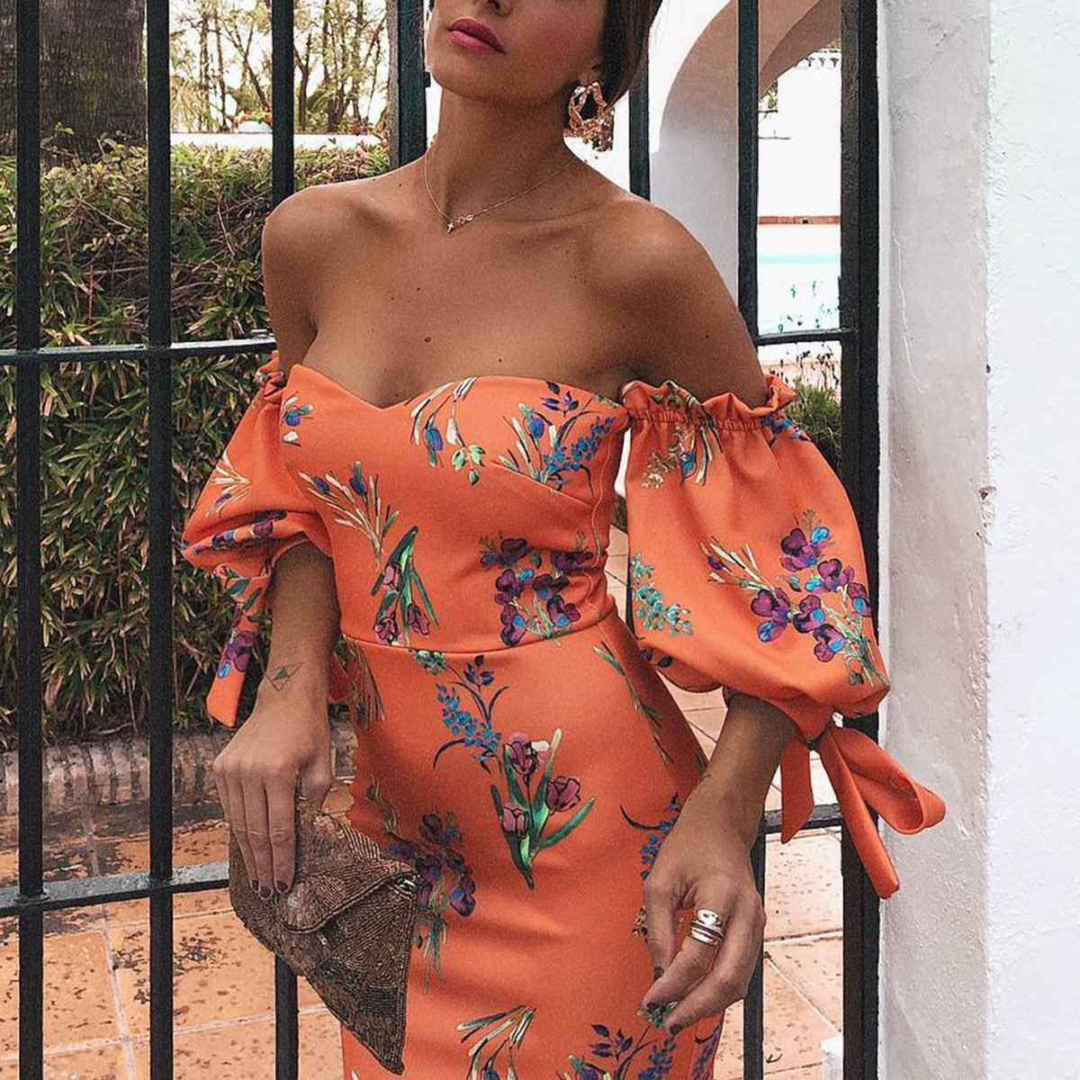 Sexy Orange Red Off Shoulder Floral Print Bodycon Dress