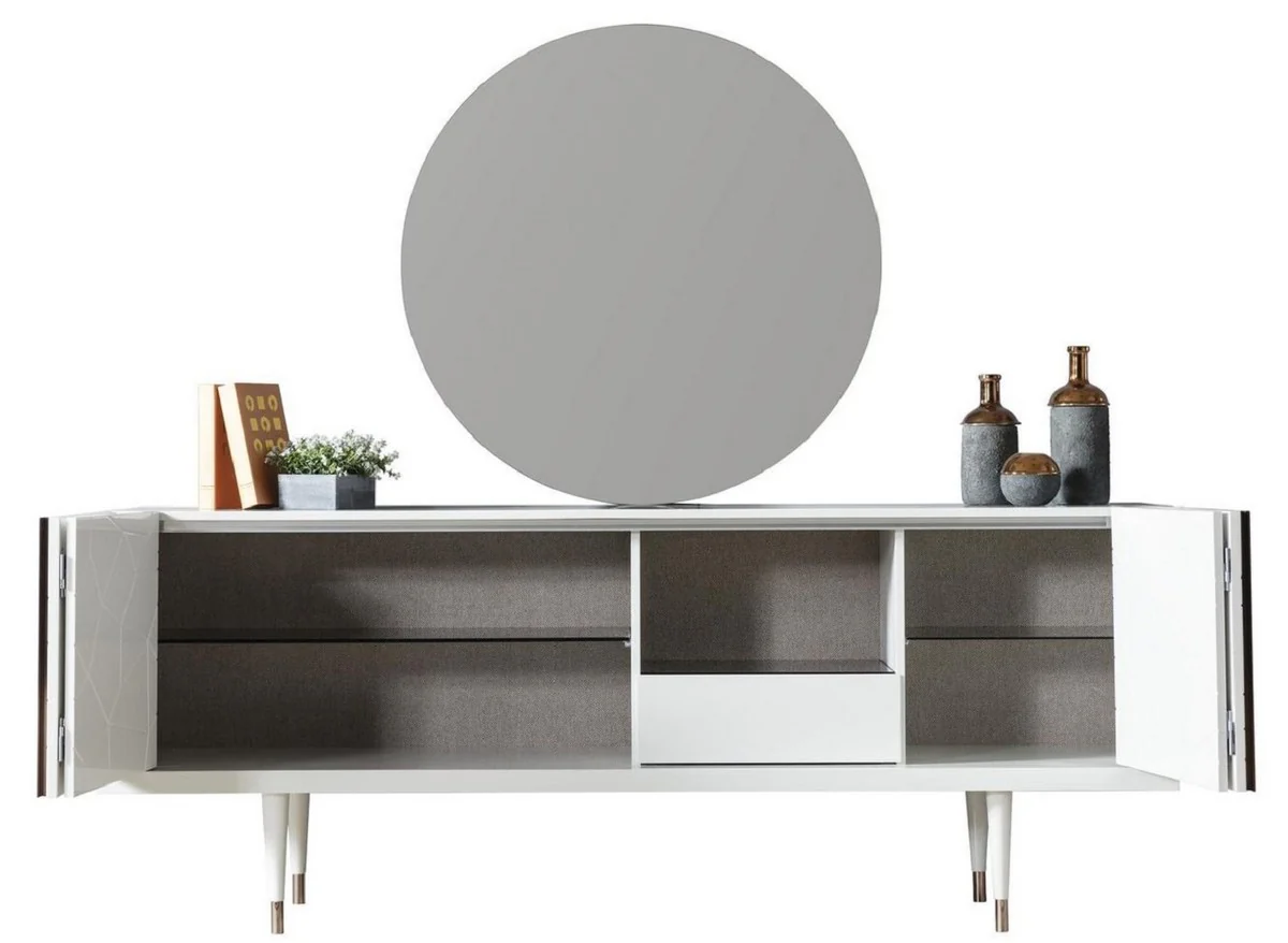 Casa Padrino conjunto de muebles de lujo blanco / cobre - 1 Aparador con 4 Puertas y 1 Espejo - Muebles modernos de madera maciza - Colecci¨®n de Lujo