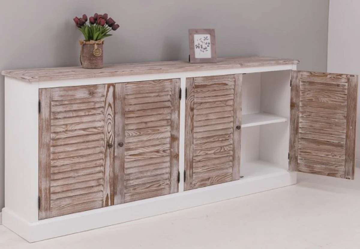 Casa Padrino aparador de estilo campestre blanco / natural 209 x 37 x A. 90 cm - Armario de madera maciza con 4 puertas - Muebles de madera maciza - Muebles de comedor - Muebles estilo campestre