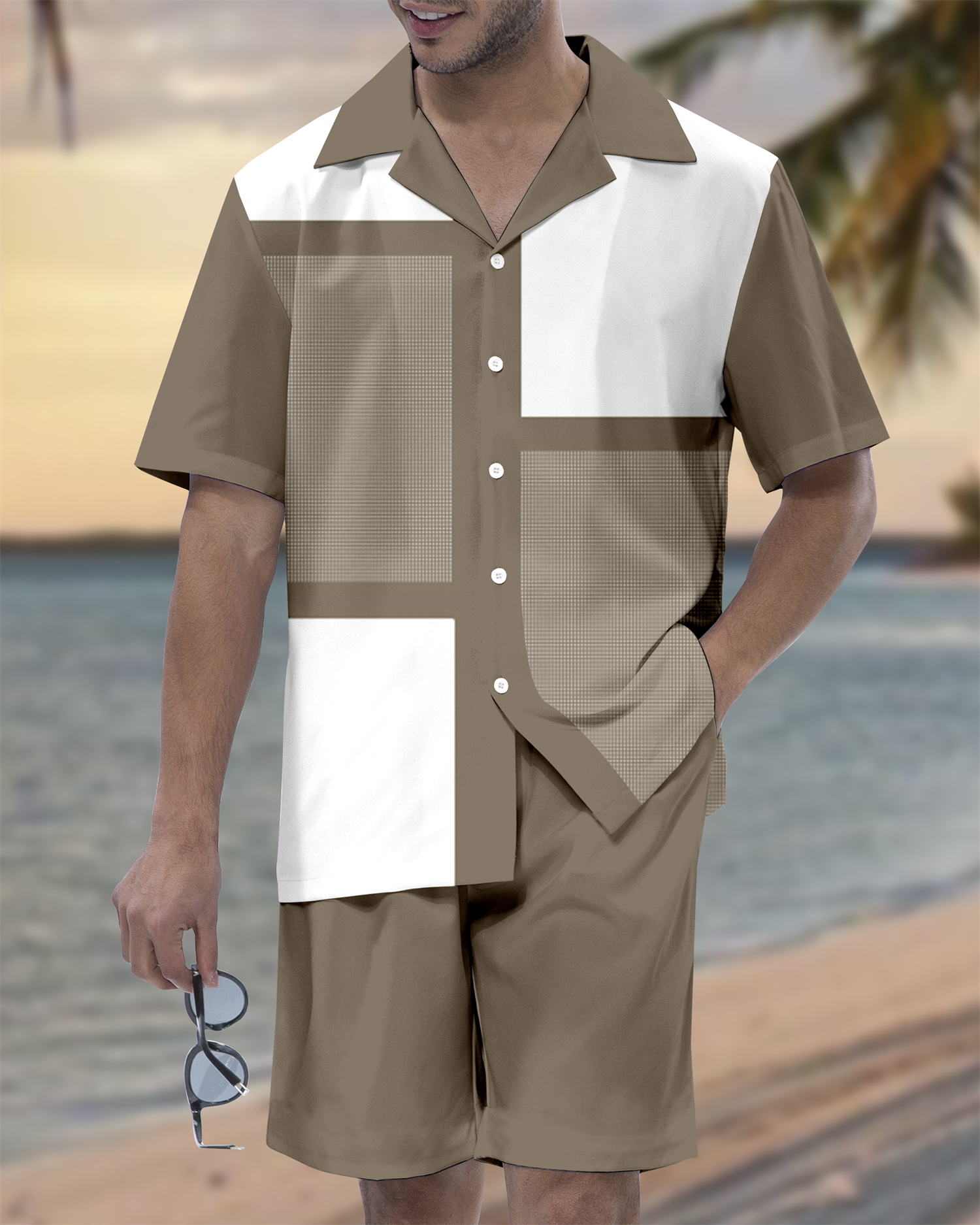 Suitmens Men's Hawaiian Vacation Plaid Print Short Sleeve Set 118