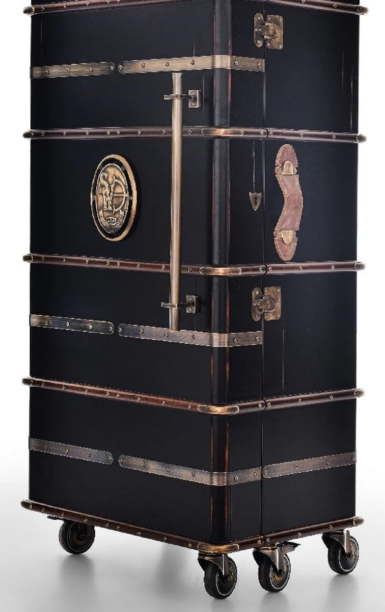 Casa Padrino armario bar de lujo con ruedas negro antiguo 73,5 x 54 x A. 173,5 cm - Armario maleta en look retro - Mueble bar estilo retro - Mueble bar - Muebles de lujo
