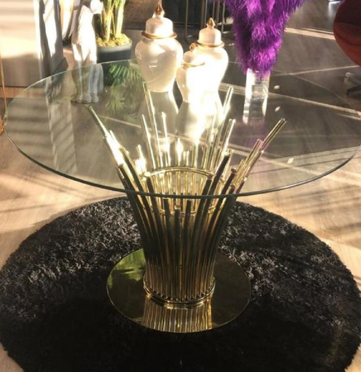 Casa Padrino mesa de comedor de lujo oro ? 100 x A. 75 cm - Mesa de comedor redonda con tapa de vidrio templado - Muebles de comedor - Muebles de cocina - Muebles de lujo