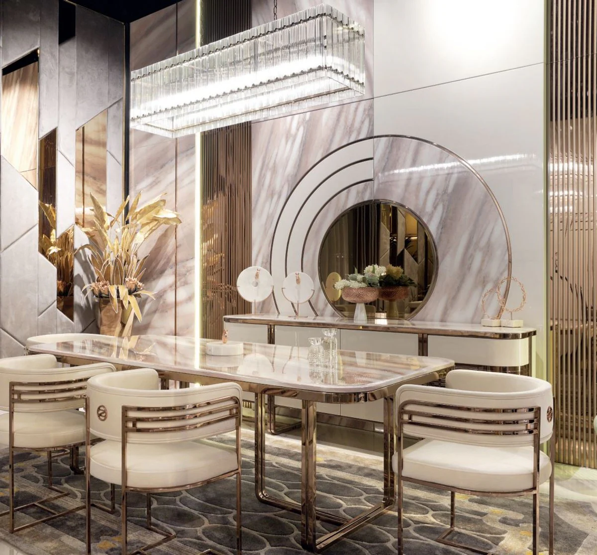 Casa Padrino aparador de lujo crema / blanco / cobre 230 x 55 x A. 89 cm - Armario de madera maciza con 4 puertas y tapa mármol artificial - Muebles de salón - Muebles de hotel - Muebles de lujo