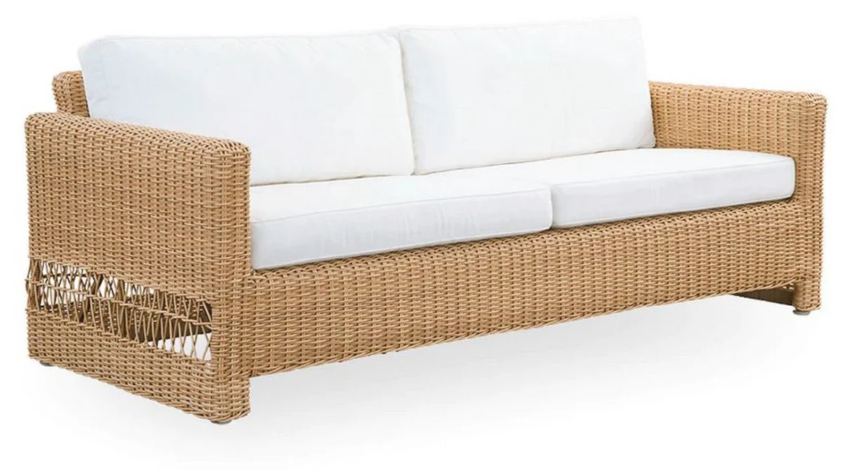 Casa Padrino sofá de jardín de lujo con cojínes natural / blanco 200 x 86 x A. 71 cm - Sofá de jardín y terraza resistente a la intemperie - Muebles de Jardín y Terraza