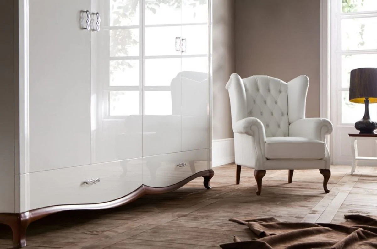 Casa Padrino armario de dormitorio Art Nouveau de lujo blanco alto brillo / marr¨®n 204,4 x 62,5 x A. 209,5 cm - Armario de madera maciza con 4 puertas y 2 cajones - Muebles de Dormitorio