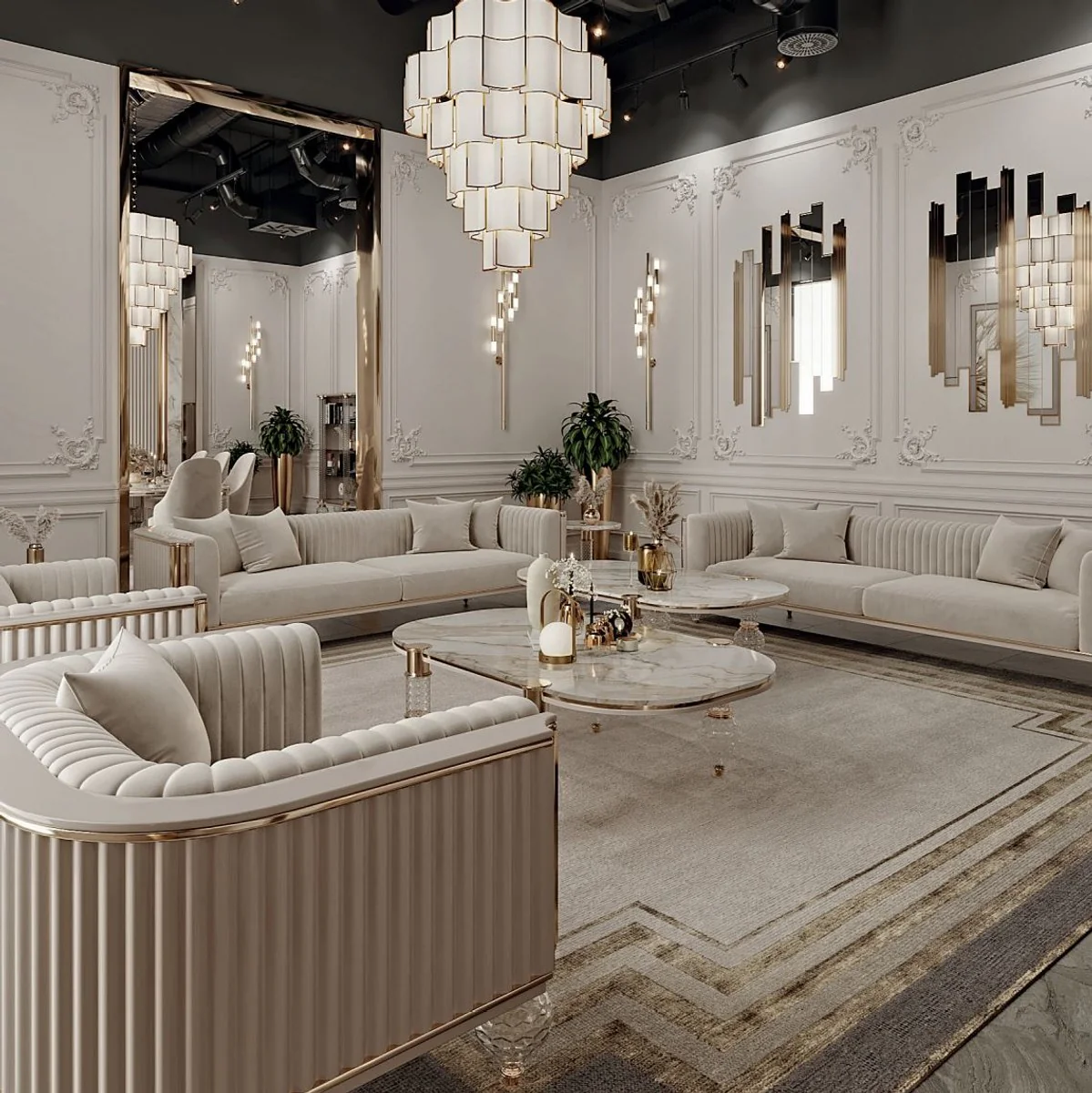 Casa Padrino sof¨¢ de 3 plazas Art Deco de lujo gris / oro 260 x 96 x A. 75,5 cm - Sof¨¢ de sal¨®n - Muebles de sal¨®n - Muebles Art Deco - Muebles de lujo - Interiores Art Deco - Interiores de lujo