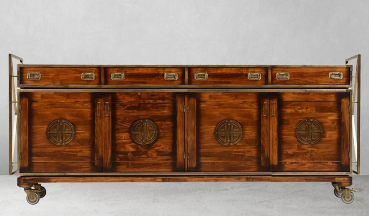 Casa Padrino aparador de estilo vintage de lujo con 4 cajones y 4 puertas marrón / latón 262 x 45,5 x A. 112 cm - Armario de estilo vintage - Muebles de madera maciza de estilo vintage de lujo