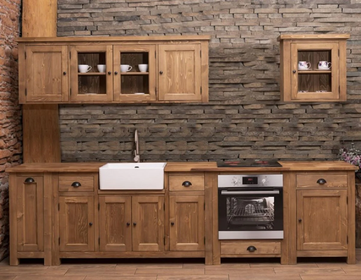 Casa Padrino cocina integral estilo campestre marr¨®n 343 x 65 x A. 90 cm - Cocina de madera maciza - Muebles de comedor estilo campestre - Cocinas integrales de estilo campestre madera maciza