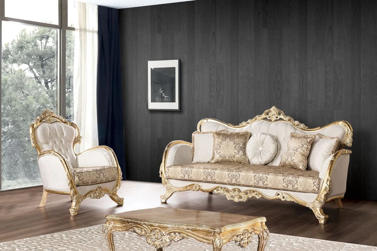 Casa Padrino sof¨¢ barroco de lujo blanco / multicolor / oro antiguo - Magn¨ªfico sof¨¢ de sal¨®n con patr¨®n elegante - Muebles de Sal¨®n Barrocos - Noble y Magn¨ªfico