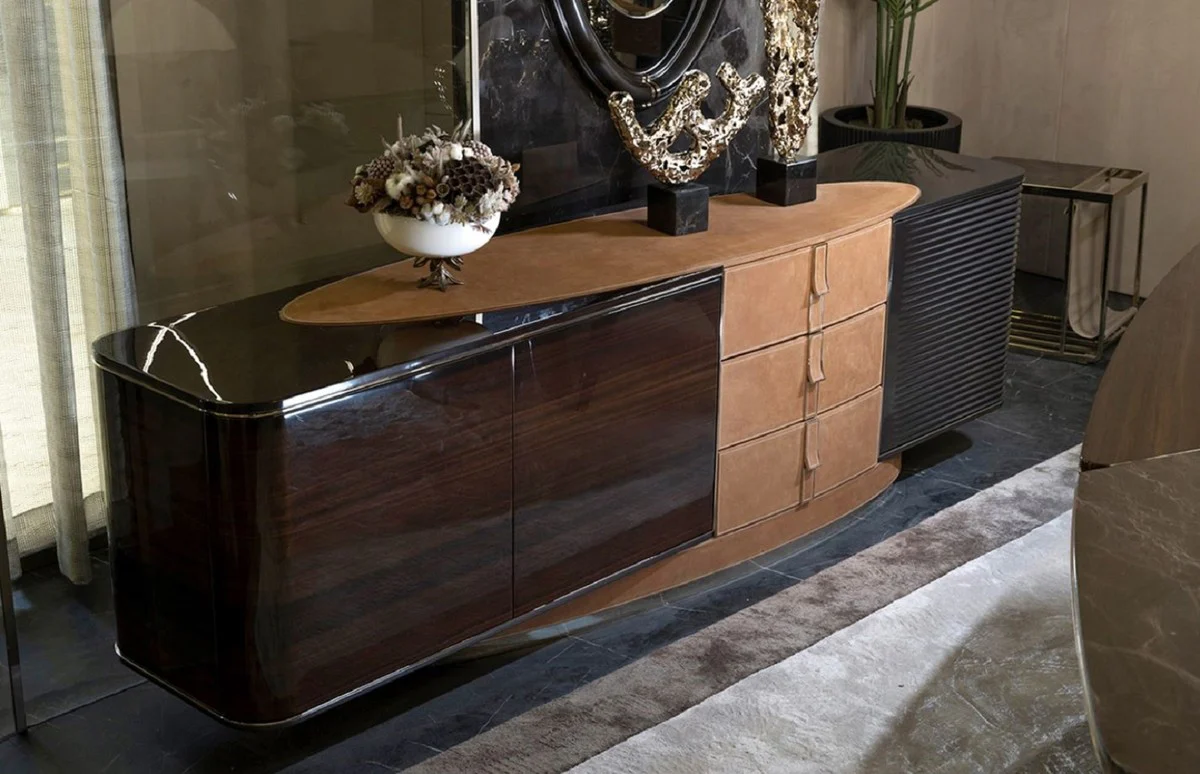 Casa Padrino aparador de lujo marr¨®n claro / marr¨®n oscuro / gris / oro 249 x 52,5 x A. 76 cm - Armario de madera maciza con 3 puertas y 3 cajones - Muebles de lujo - Muebles de hotel