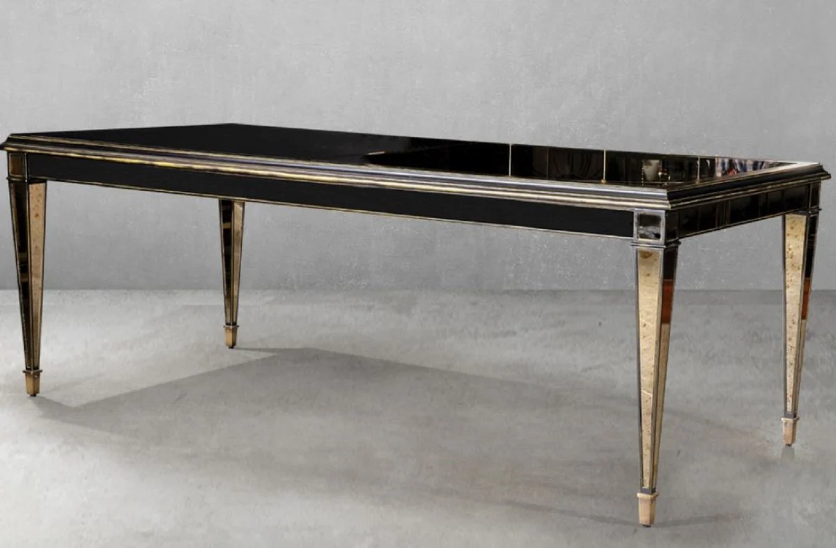 Casa Padrino mesa de comedor Art Deco de lujo negro / lat¨®n 213 x 99 x A. 77,5 cm - Mesa de cocina estilo Art Deco con espejo - Muebles de comedor Art Deco de lujo
