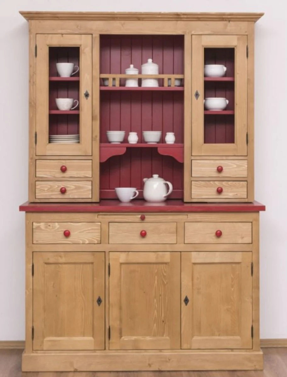 Casa Padrino gabinete de cocina de estilo campestre natural / rojo burdeos 137 x 50 x A. 197 cm - Gabinete de Cocina de 2 Piezas con 5 Puertas y 7 Cajones - Muebles de Cocina de Estilo Campestre