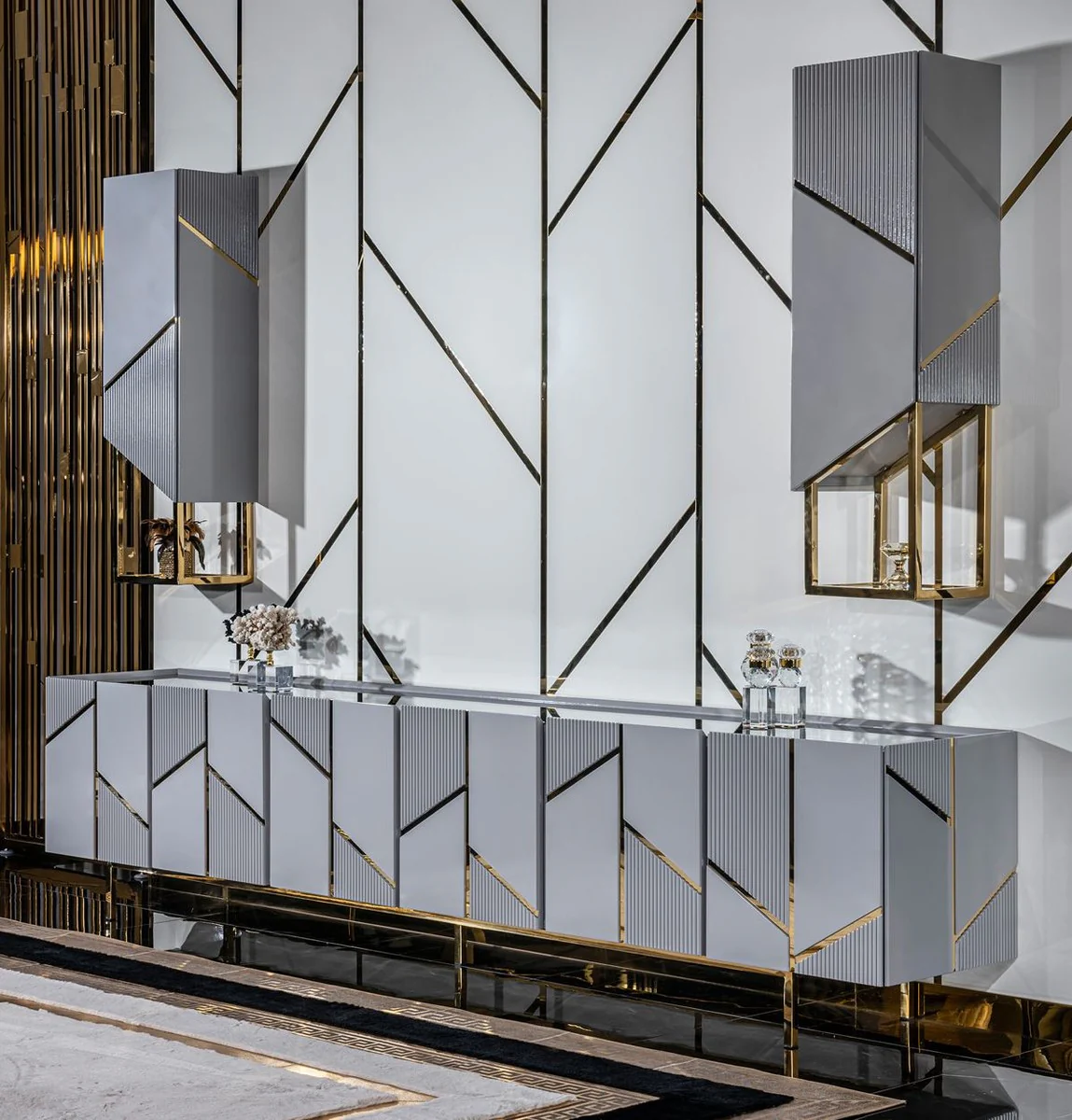 Casa Padrino conjunto de mueble de TV de lujo gris / oro - 1 Armario de TV de Lujo y 2 Armarios de Pared de Lujo - Muebles de sal¨®n - Muebles de TV - Muebles de hotel - Muebles de lujo