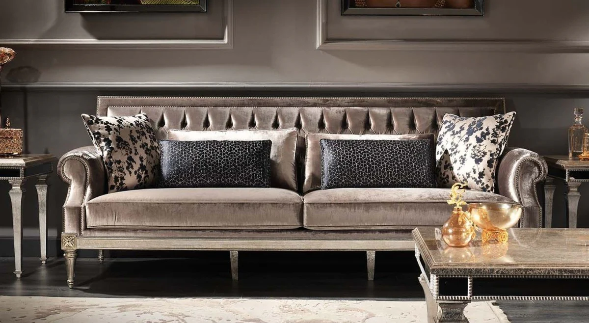 Casa Padrino sof¨¢ de terciopelo de sal¨®n barroco de lujo rosa / plata antigua 250 x 88 x A. 100 cm - Noble y Magn¨ªfico