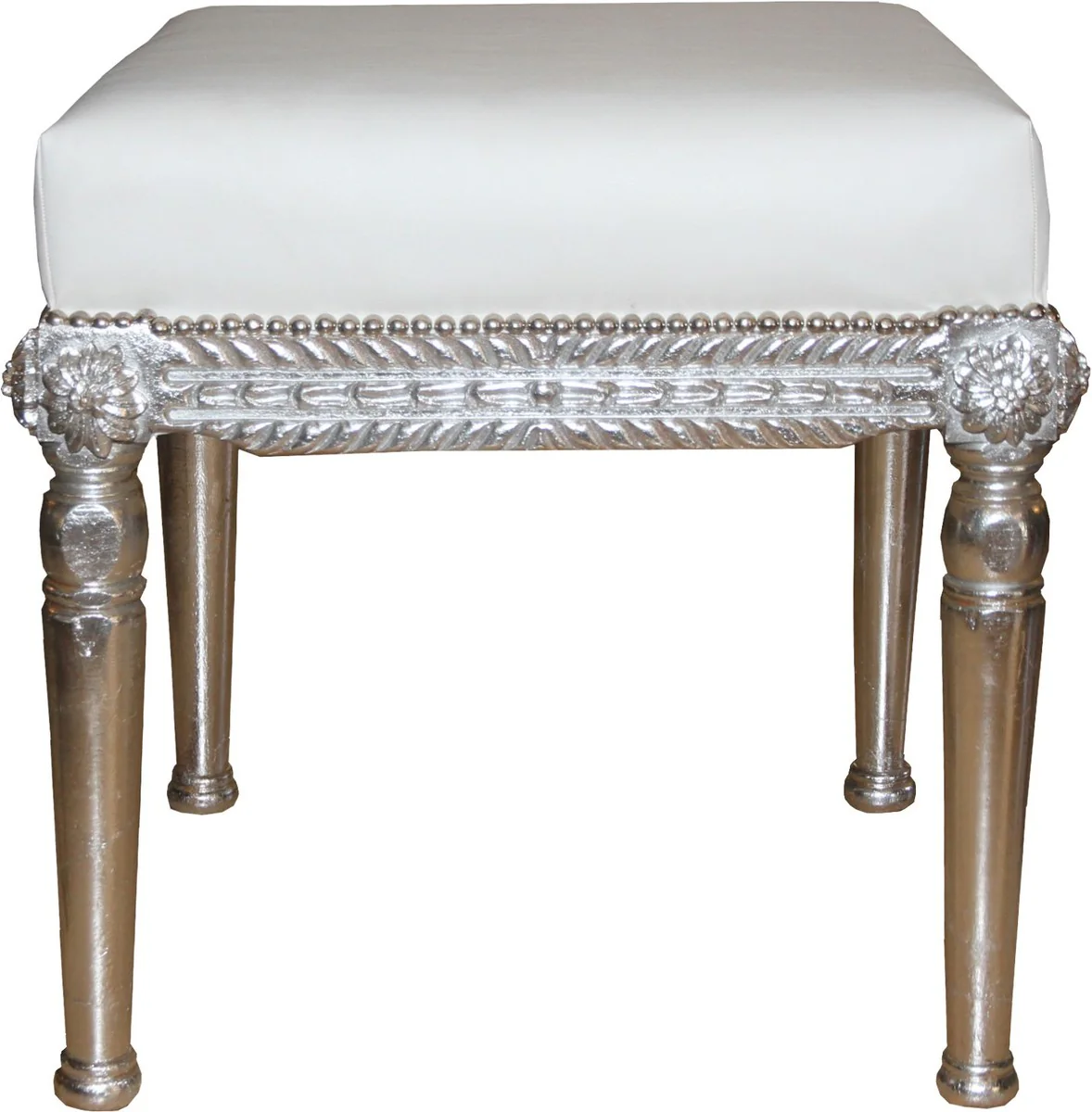 Taburete de estilo antiguo barroco Casa Padrino blanco / plateado An. 56 cm, alto 54 cm - Taburete barroco