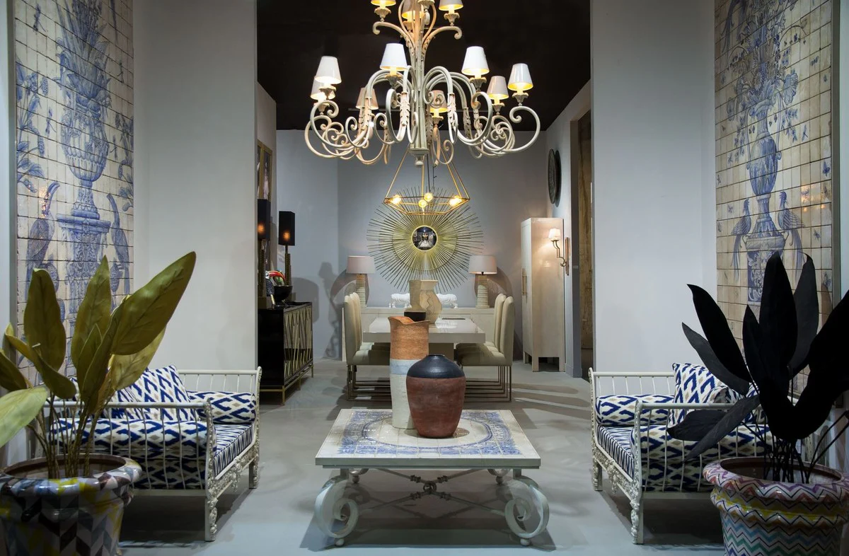 Casa Padrino Conjunto de Muebles de Hierro Forjado Barroco de Lujo Blanco / Azul / Oro - 2 Sillones & 1 Mesa de Centro - Muebles de Sal¨®n - Muebles Jard¨ªn - Muebles Barrocos de Lujo