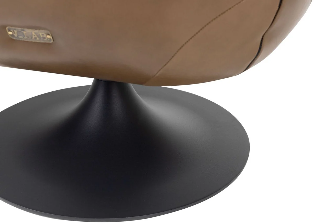 Casa Padrino sala de estar sillón giratorio de cuero genuino negro / marrón 75 x 70 x H. 66,5 cm - Muebles de Lujo