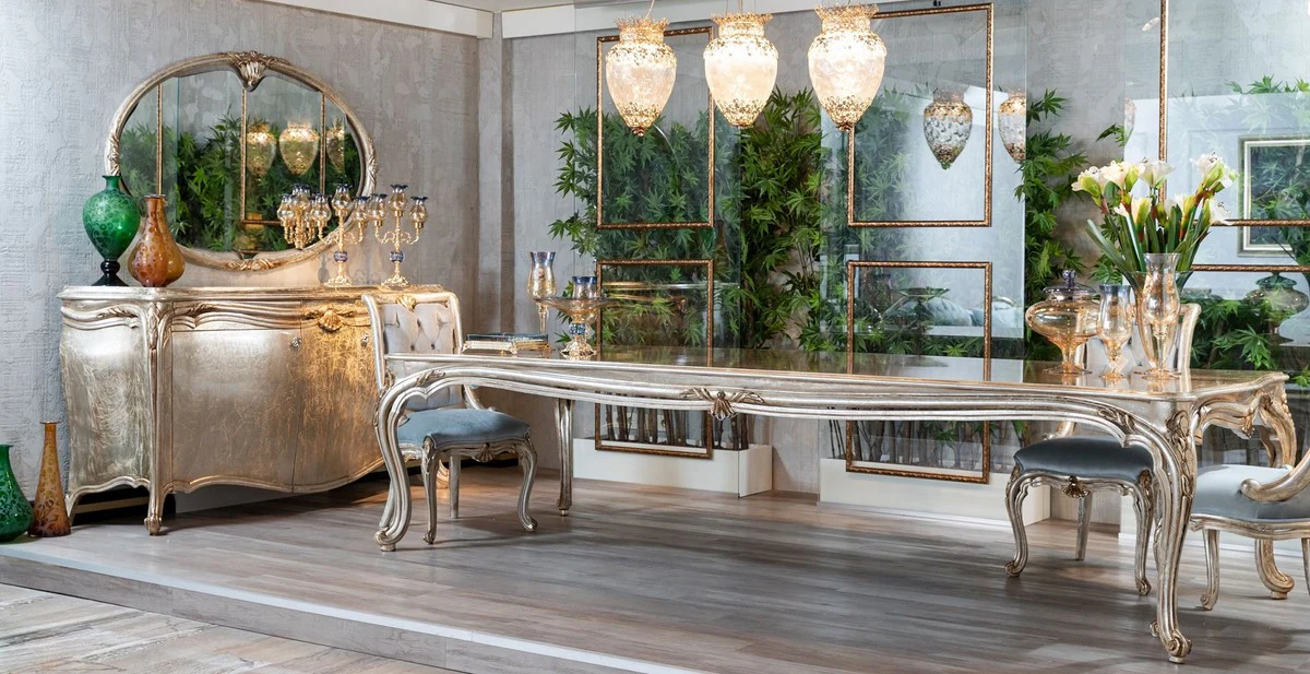 Casa Padrino conjunto de comedor barroco de lujo azul claro / plata / oro - 1 Mesa de Comedor Barroco y 8 Sillas de Comedor Barroco - Magn¨ªfico muebles de comedor hechos a mano en estilo barroco