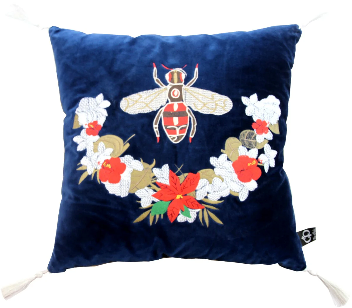 Cojín decorativo de lujo Casa Padrino con borlas azul abeja / blanco 45 x 45 cm - la mejor tela de terciopelo - accesorios de decoración de lujo