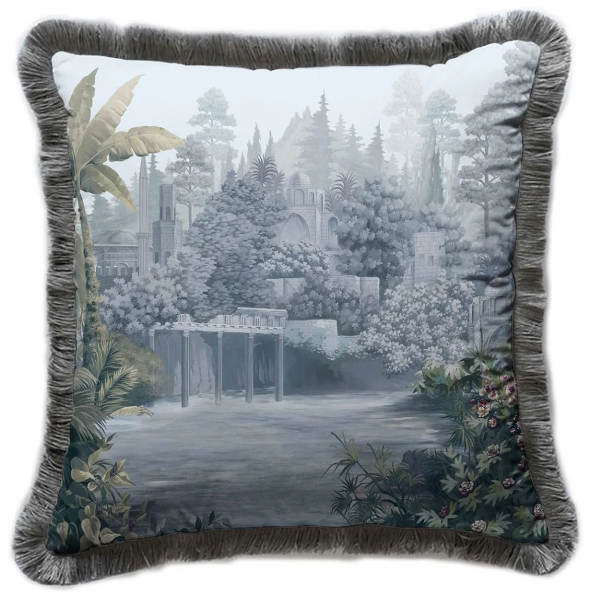 Casa Padrino cojín decorativa de lujo paisaje antiguo multicolor / gris 45 x 45 cm - Almohada de terciopelo estampado con flecos - Accesorios decorativos de lujo
