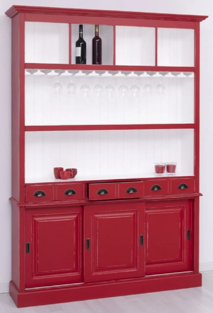 Casa Padrino armario de bar de madera maciza de estilo campestre rojo antiguo / blanco 151 x 36 x A. 210 cm - Gabinete de vino de madera maciza estilo campestre - Mueble bar de estilo campestre