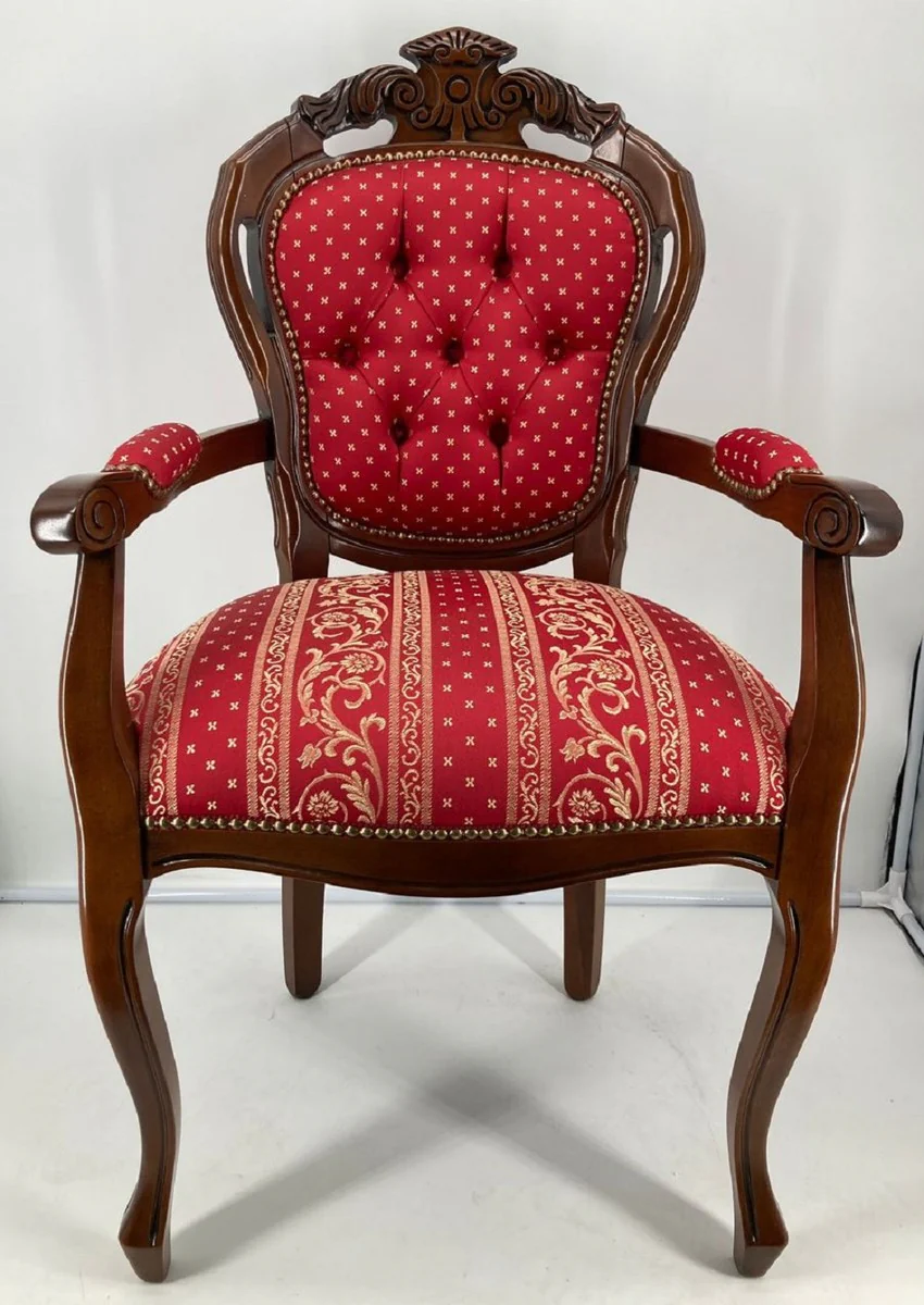 Casa Padrino silla de comedor barroco de lujo con reposabrazos rojo burdeos / oro / marr¨®n - Magn¨ªfica silla con patr¨®n elegante - Muebles de comedor barrocos - Hecho en Italia