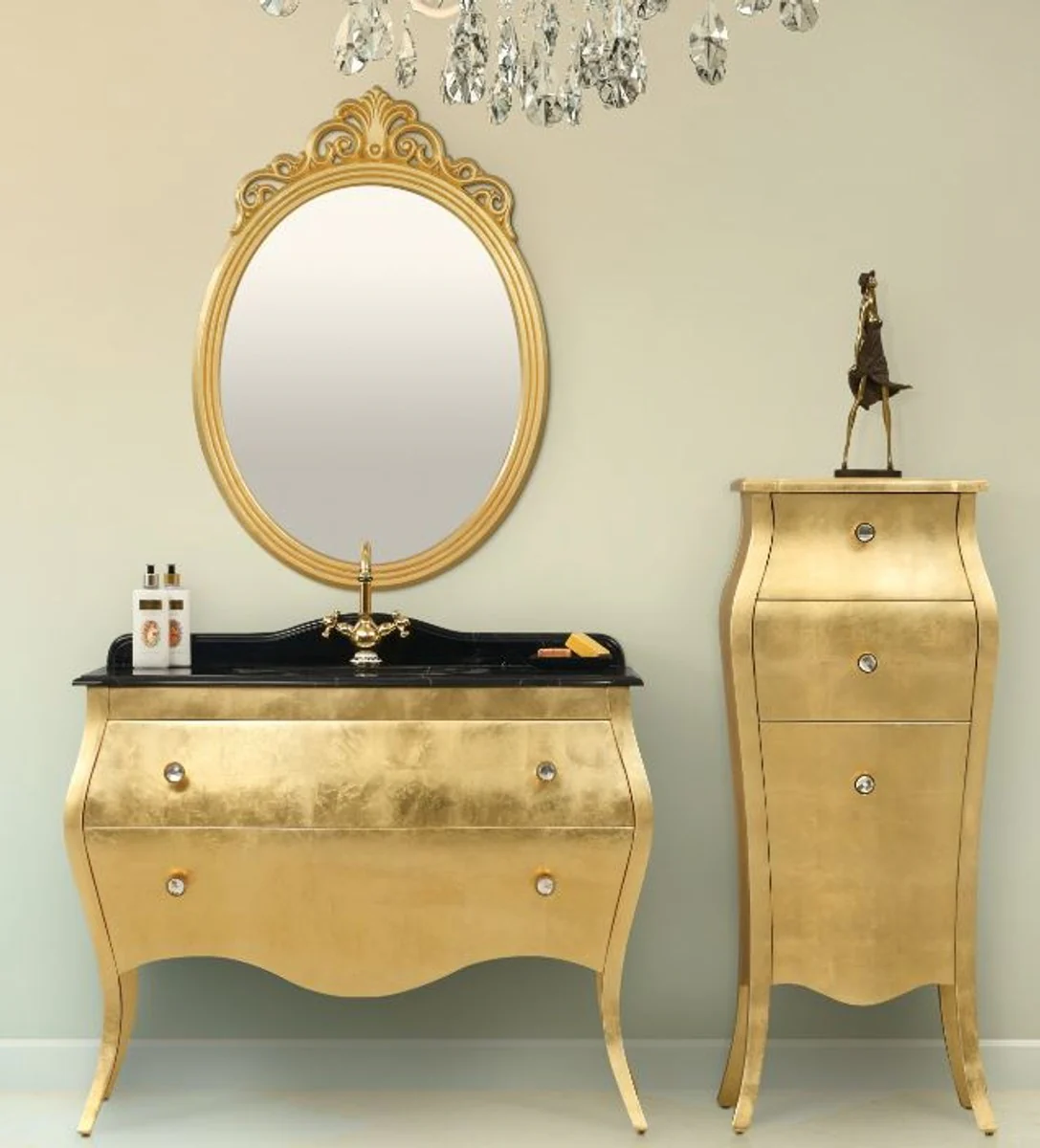 Casa Padrino conjunto de baño barroco de lujo negro / oro - 1 Mesa de Lavado y 1 Lavabo y 1 Espejo de Pared y 1 Cómoda - Nobles y Suntuoso - Calidad de Lujo