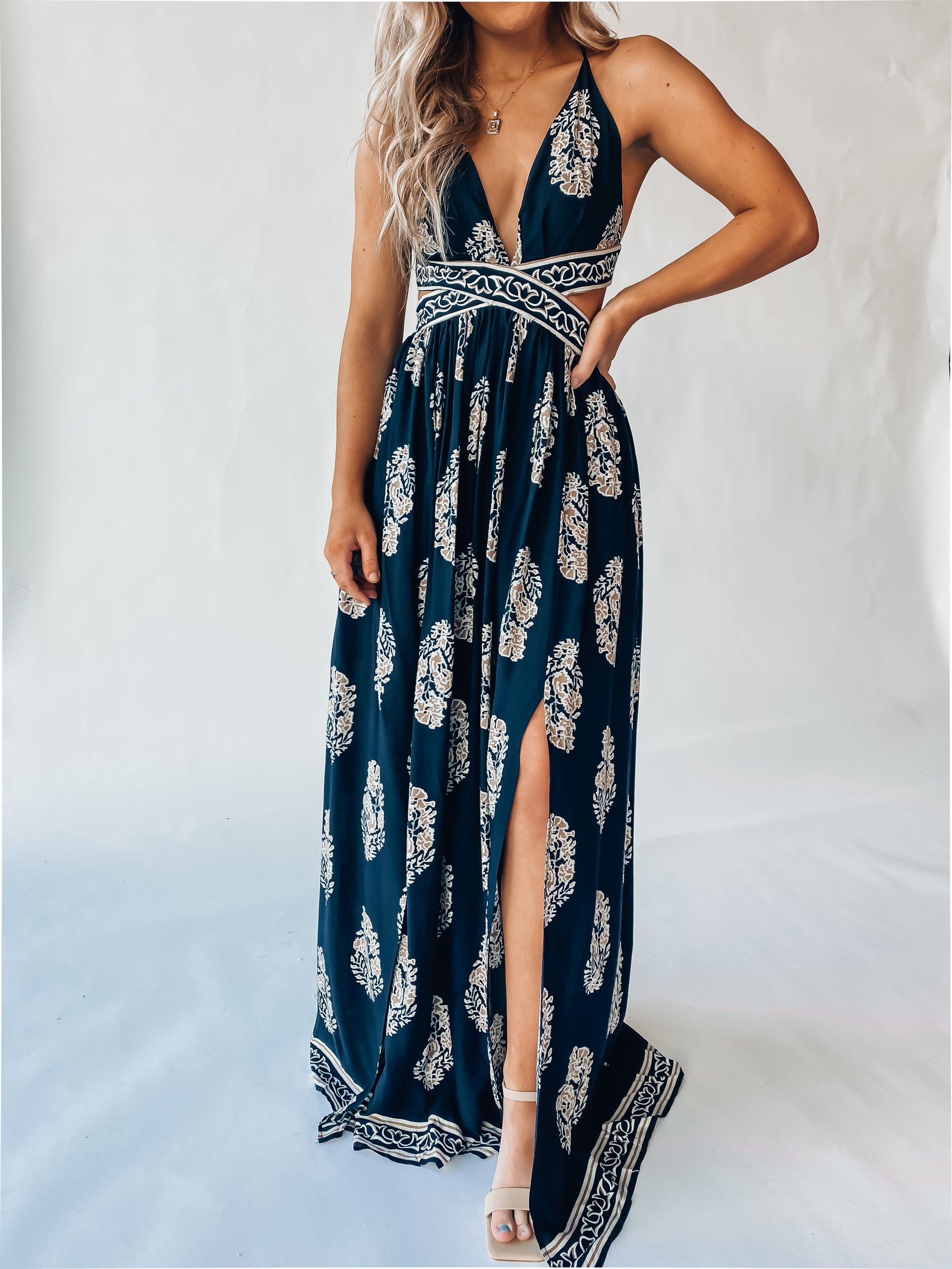 Women's Backless Sexy Slit Print Dress