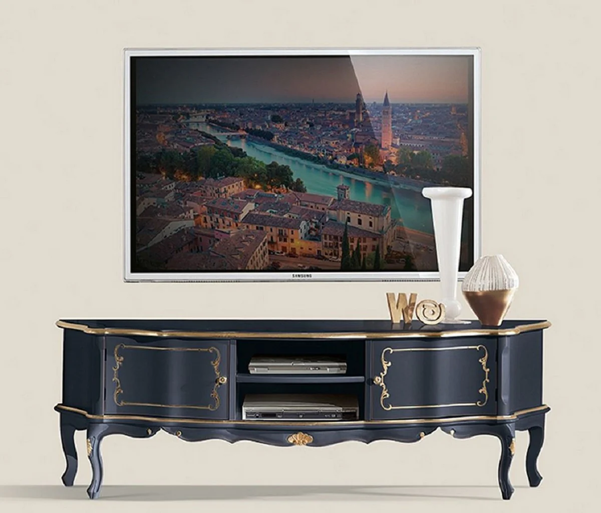 Casa Padrino gabinete de TV barroco de lujo azul / oro - Aparador de madera maciza hecho a mano con 2 puertas - Muebles de salón barrocos - Calidad de Lujo - Hecho en Italia