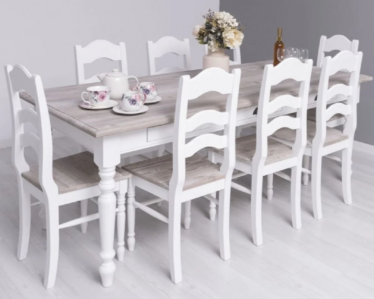 Casa Padrino conjunto de muebles de comedor de estilo campestre blanco / natural - 1 Mesa de Comedor y 8 Sillas de Comedor - Muebles de comedor de madera maciza de estilo campestre