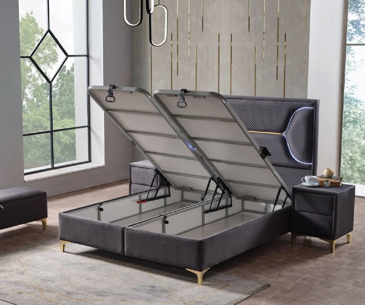 Casa Padrino cama doble de lujo púrpura / blanco / oro 180 x 200 cm - Cama de madera maciza con iluminación LED y colchón - Muebles dormitorio - Muebles hotel - Muebles de lujo - Interior de lujo