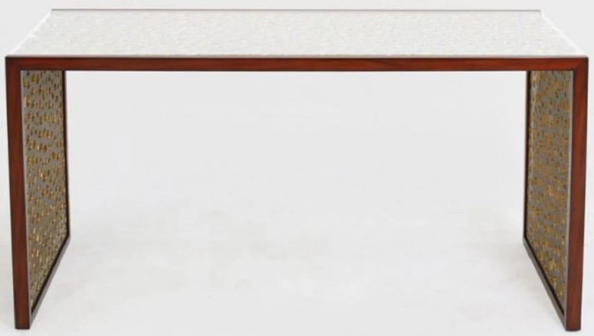 Casa Padrino escritorio de dise?o con tapa de vidrio marr¨®n / bronce / oro 140 x 55 x A. 77 cm - Mesa de Oficina - Mesa de Computadora - Muebles de Oficina de Lujo