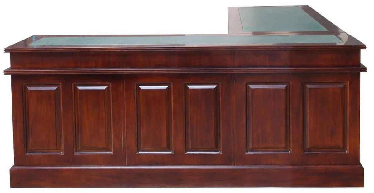 Casa Padrino escritorio esquinero de caoba de lujo marr¨®n oscuro / verde 225 x 200 x A. 80 cm - Mesa de oficina de madera maciza - Muebles de oficina de caoba - Muebles de oficina de lujo