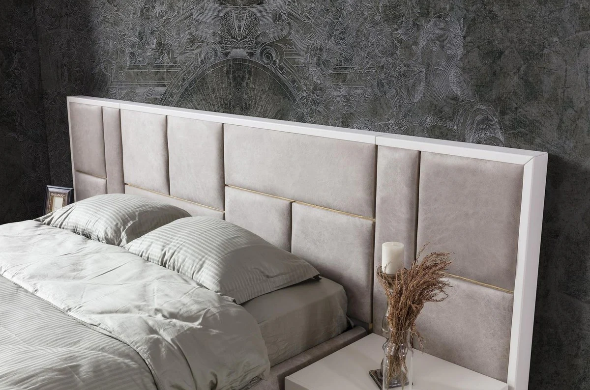 Casa Padrino conjunto de dormitorio de madera maciza de lujo gris / blanco / oro - 1 Cama Doble con Cabecera y 2 Mesitas de Noche - Muebles de dormitorio de lujo