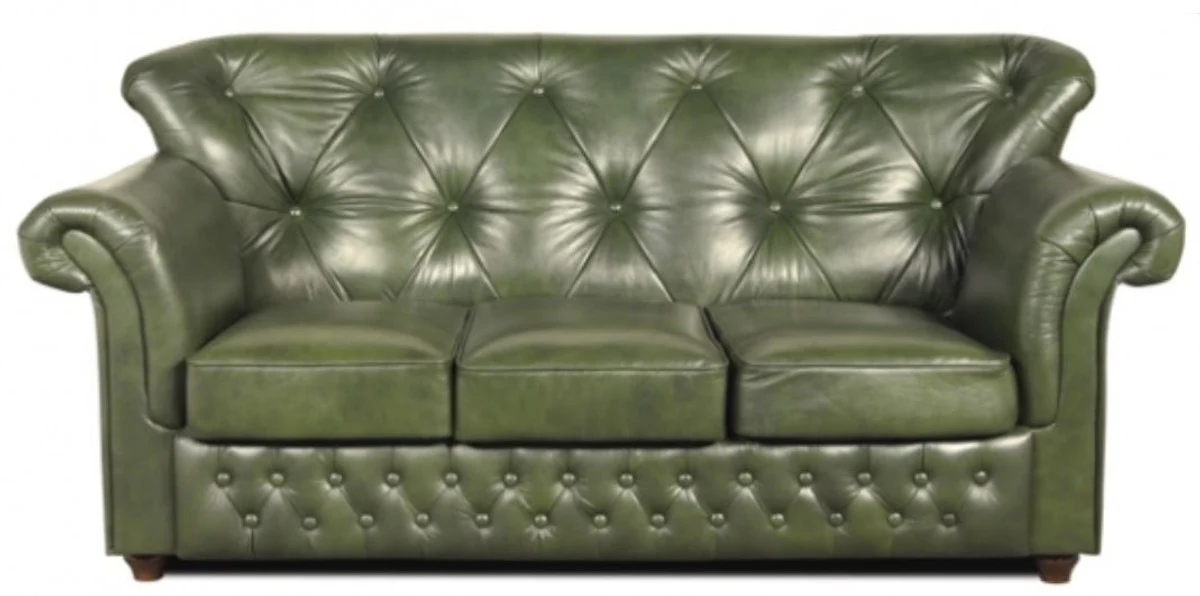 Casa Padrino Chesterfield sof¨¢ de cuero genuino en color verde con patas marr¨®n oscuro 200 x 80 x H. 85 cm - Calidad de Lujo