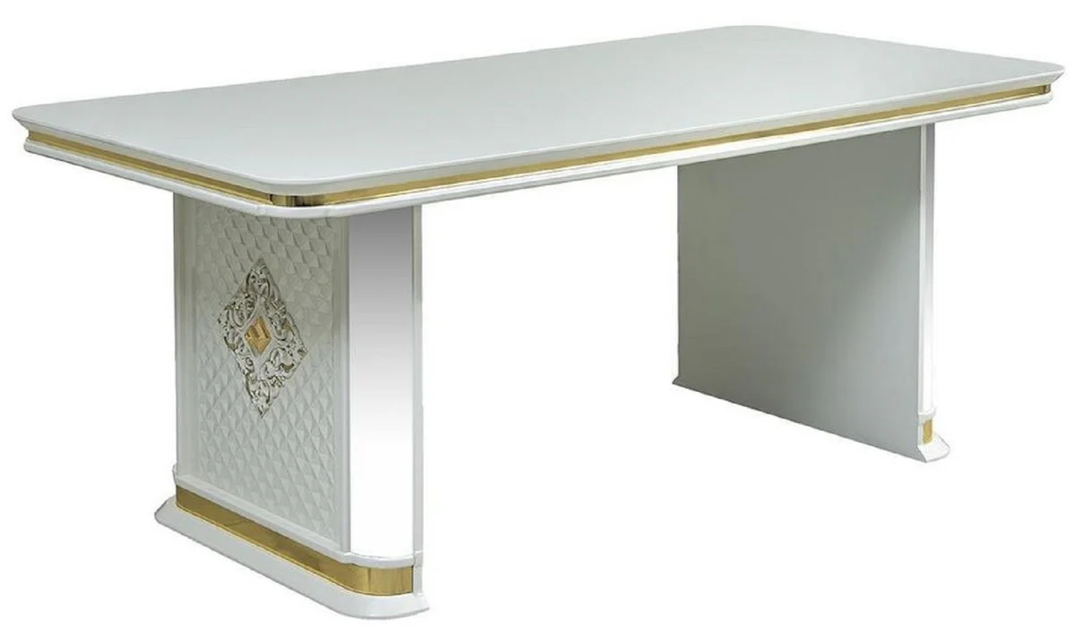 Casa Padrino mesa de comedor Art Deco de lujo blanco / oro - Mesa de cocina hecha a mano de madera maciza con espejo de vidrio - Muebles de Comedor Art Deco