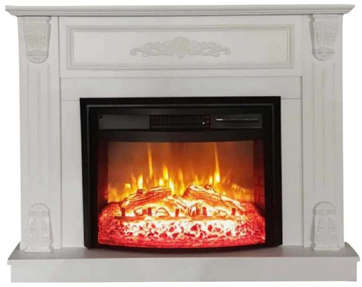 Casa Padrino chimenea el¨¦ctrica barroca blanco / negro 117 x 31 x A. 94 cm - Chimenea decorativa de sal¨®n con mando a distancia - Muebles de sal¨®n estilo barroco - Chimeneas el¨¦ctricas barrocos