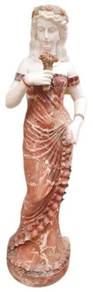 Casa Padrino escultura decorativa de mármol Art Nouveau de lujo dama con flores rojo / blanco - Figura de decoración de jardín elegante - Accesorios de Decoración de Jardín Barroco y Art Nouveau