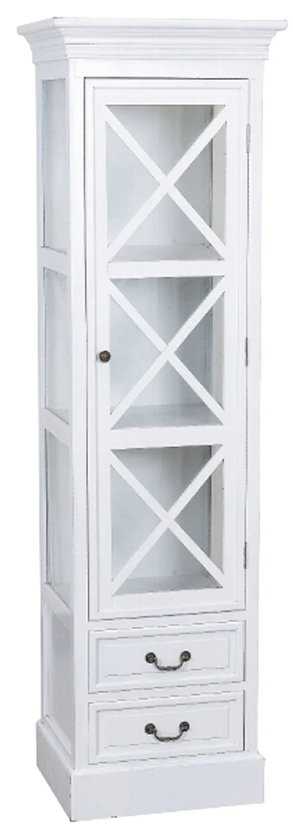Casa Padrino Country Style Showcase White 48 x 38 x H. 166 cm - Handmade Showcase with Glass Door & 2 Drawers