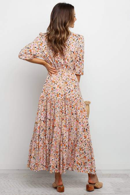 Pleated Floral Print Maxi Dress