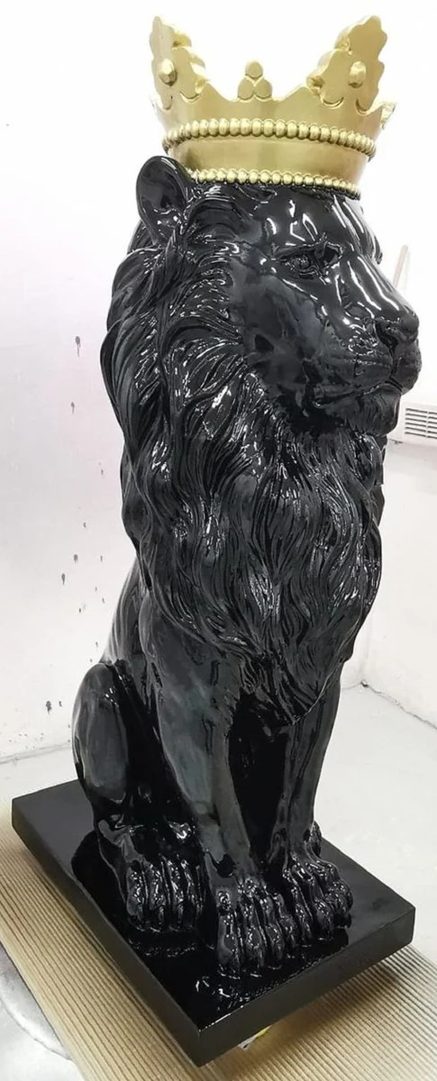 Casa Padrino Figura Decorativa de Lujo León con Corona Negro / Oro A. 80 cm - Escultura Decorativa Resistente a la Intemperie - Decoración de Salón - Decoración de Jardín & Terraza Figura Animal