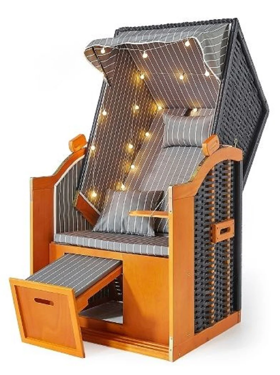 Casa Padrino silla de playa marr¨®n / negro / gris / blanco 81 x 72 x A. 160 cm - Silla de playa de madera con techo e iluminaci¨®n LED - Muebles de jard¨ªn - Muebles de piscina - Muebles de exterior