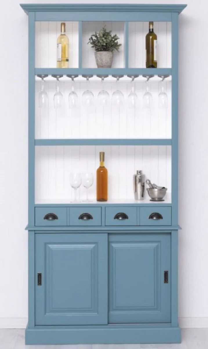 Casa Padrino armario de bar de madera maciza de estilo campestre azul / blanco 103 x 36 x A. 210 cm - Gabinete de vino de madera maciza estilo campestre - Mueble bar de estilo campestre