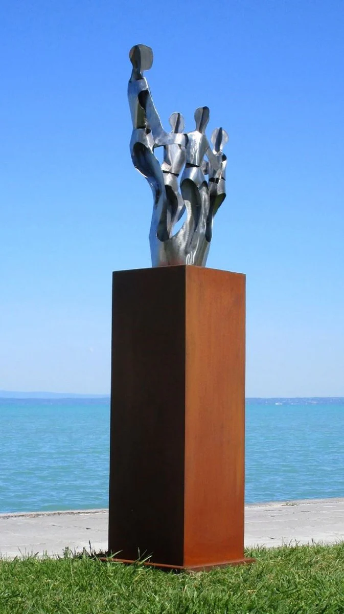 Casa Padrino escultura de metal de decoraci¨®n de jard¨ªn XXL amigos sobre columna plata / ¨®xido A. 182 cm