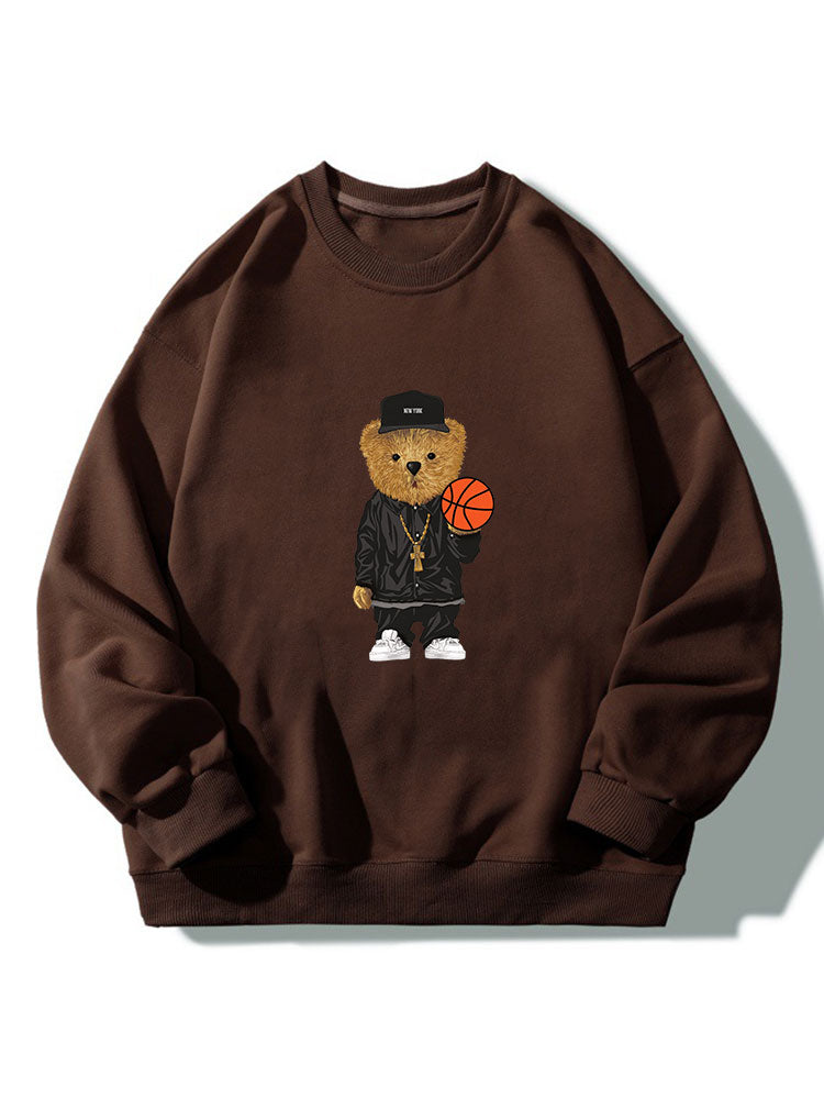Basketball Bear Print Crew Neck Relaxed Sweatshirt