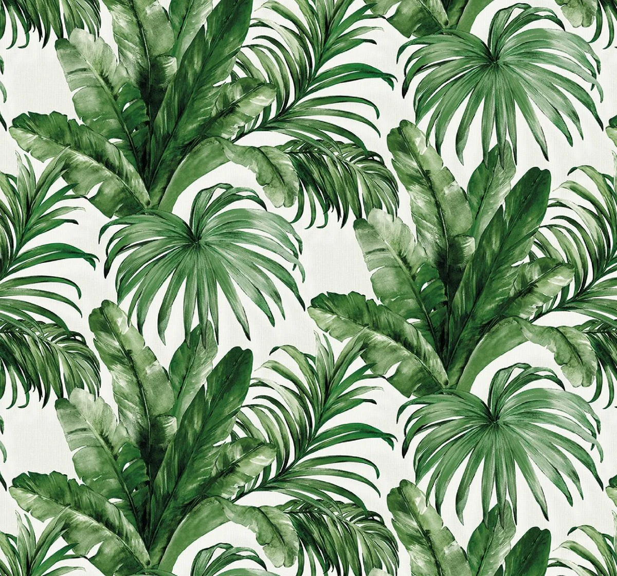 Casa Padrino conjunto de cortinas de lujo hojas de palmera blanco / verde 250 x A. 290 cm - Cortinas de lino y terciopelo estampadas - Cortinas de ojales - Cortinas correderas - Colección de Lujo