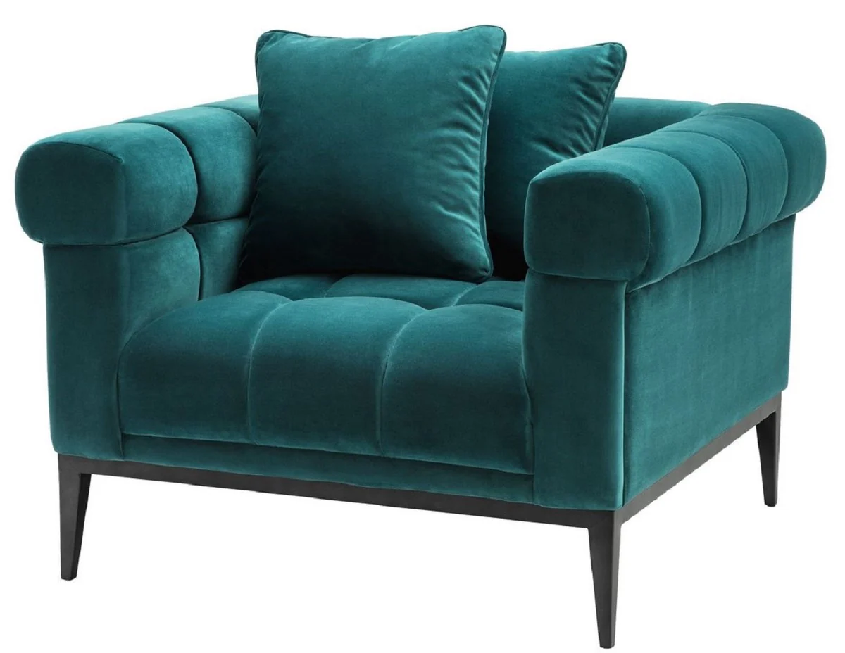 Casa Padrino Sill¨®n de Terciopelo de Lujo Verde Mar / Negro 102 x 98 x H. 69 cm - Sill¨®n de Sal¨®n con 2 Cojines - Muebles de Sal¨®n - Muebles de Lujo