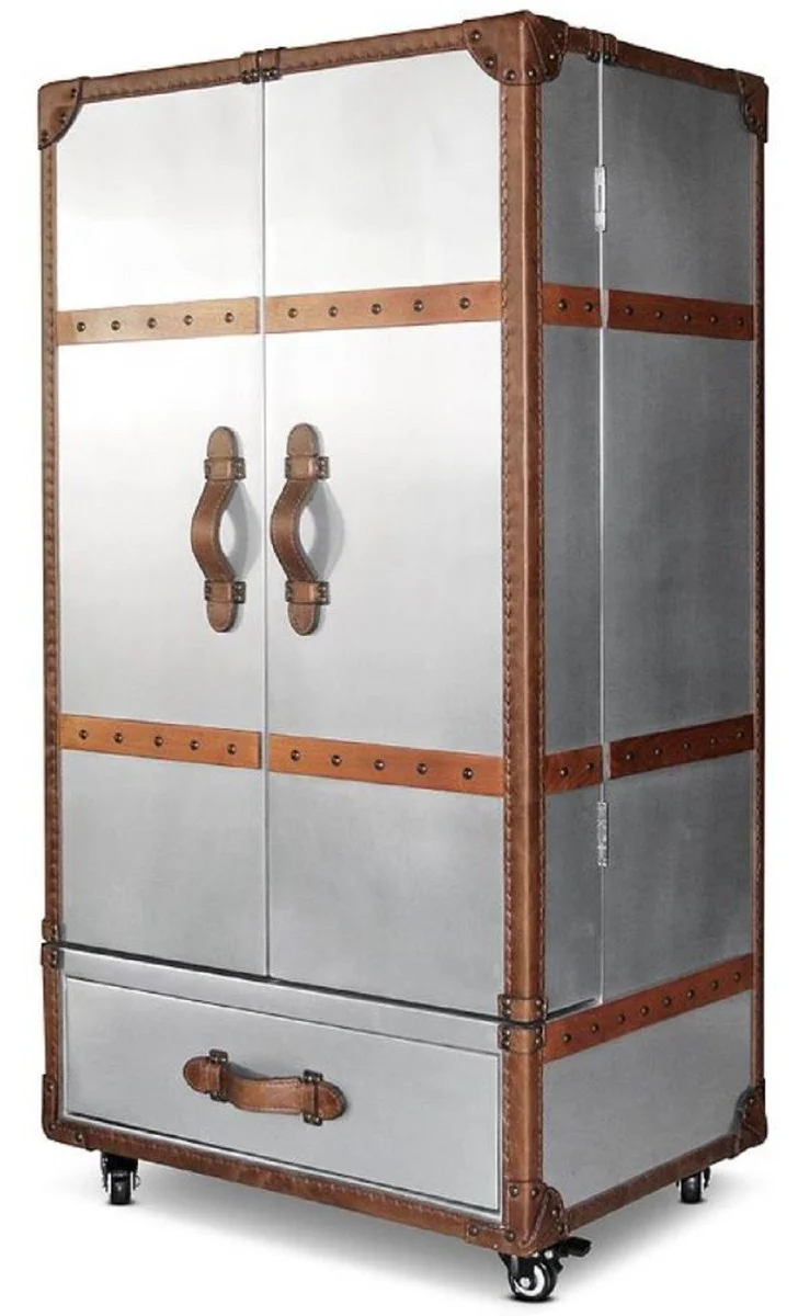 Casa Padrino armario de vino de lujo plata / marr¨®n 63 x 52 x A. 130 cm - Gabinete de aluminio con cuero aut¨¦ntico - Mueble bar con dise?o de maleta - Muebles de bar de lujo